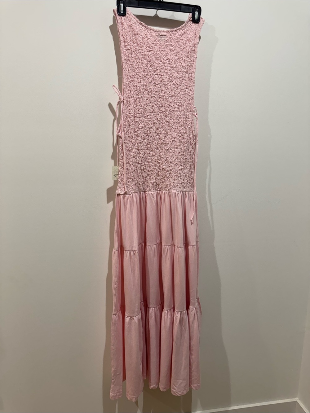 Free People free-est sterling Smocked side tieTiered Maxi Dress PinkChalk L NWT - Picture 4 of 11